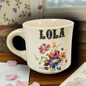 Vintage “LOLA” Floral Name Mug USA Made Retro Ceramic Coffee Cup Flowers